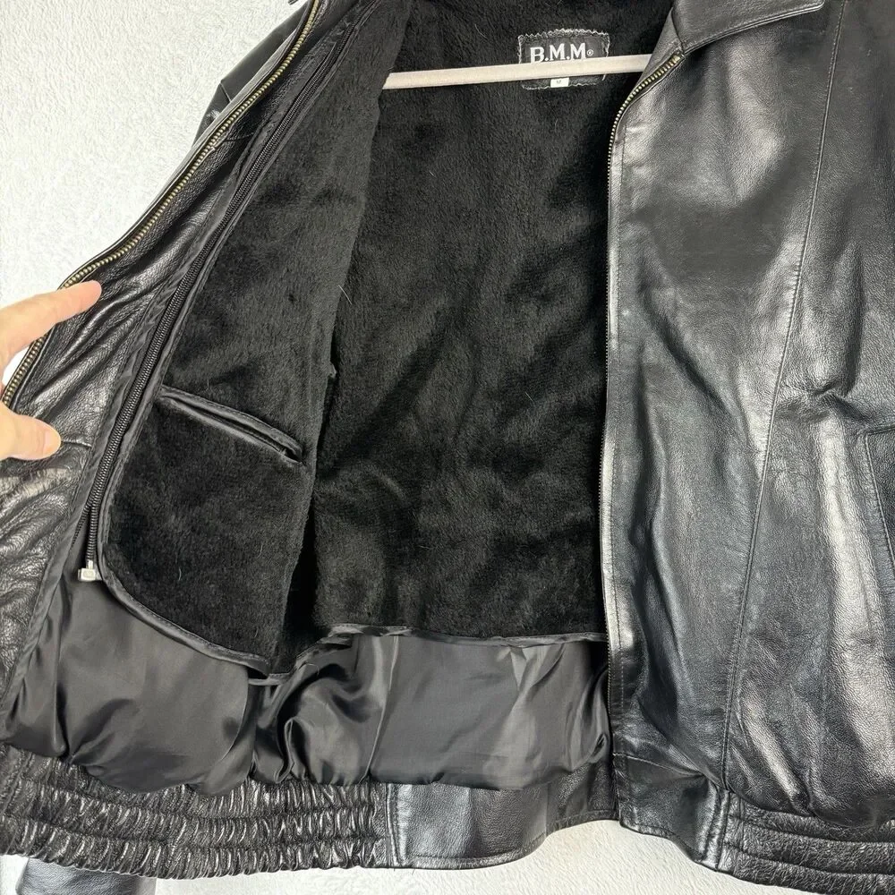 Vtg Leather Bomber Jacket Mens Medium Black USA Flag Biker Grunge Flight 80s 90s - Picture 8 of 14